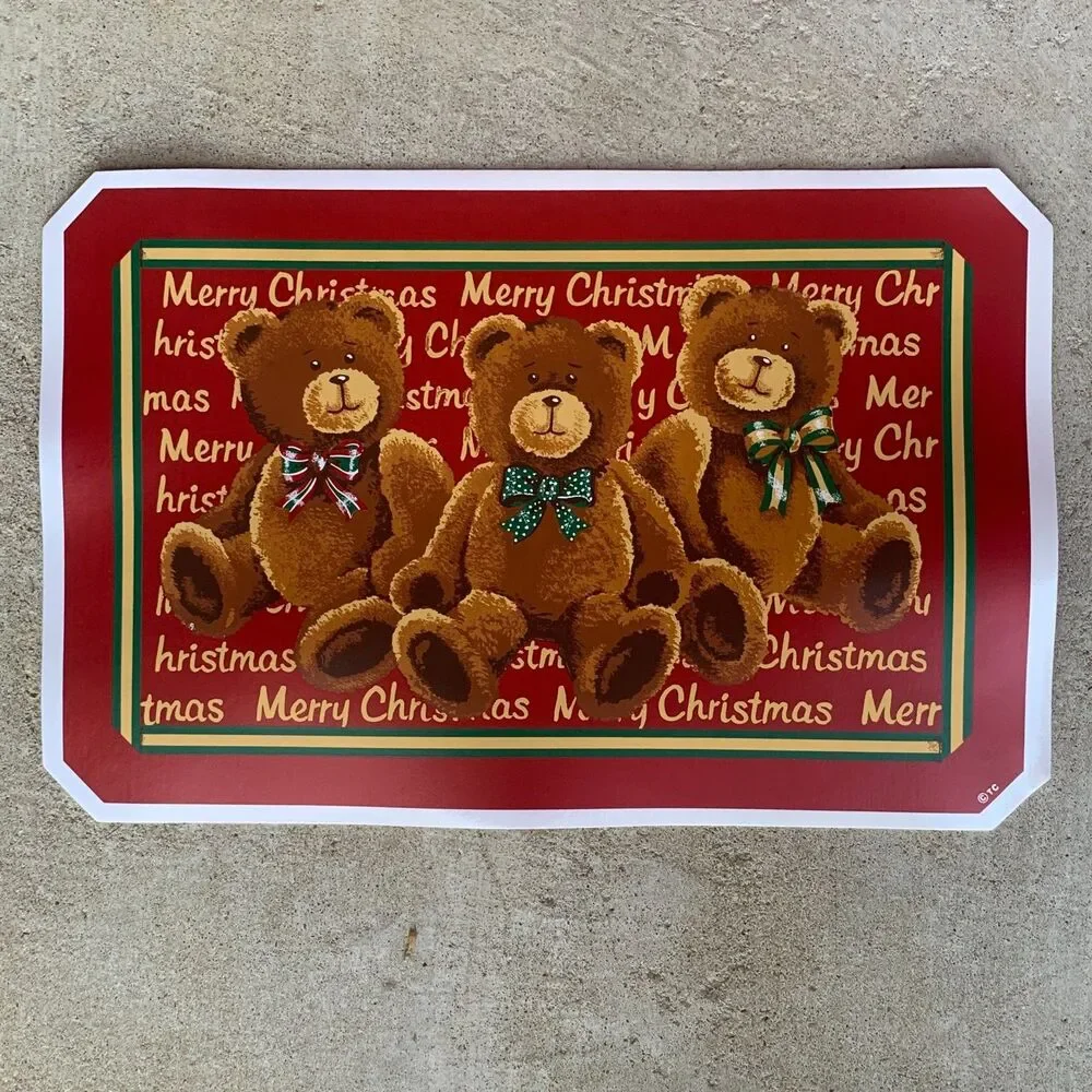 VTG Town & Country Christmas Vinyl Placemats Santa Bears 11.5”x17.5” Set Of 4